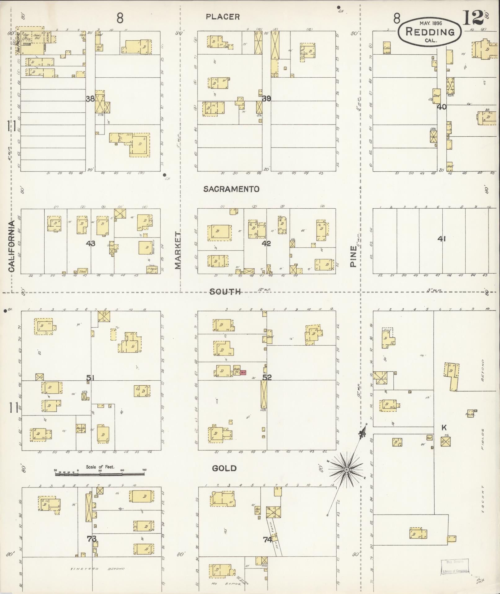 Sanborn Fire Insurance Map from Redding, Shasta County, California (1896), Sheet #0012 - Complete Map Set gallery image, historic Sanborn map, vintage wall art, California California