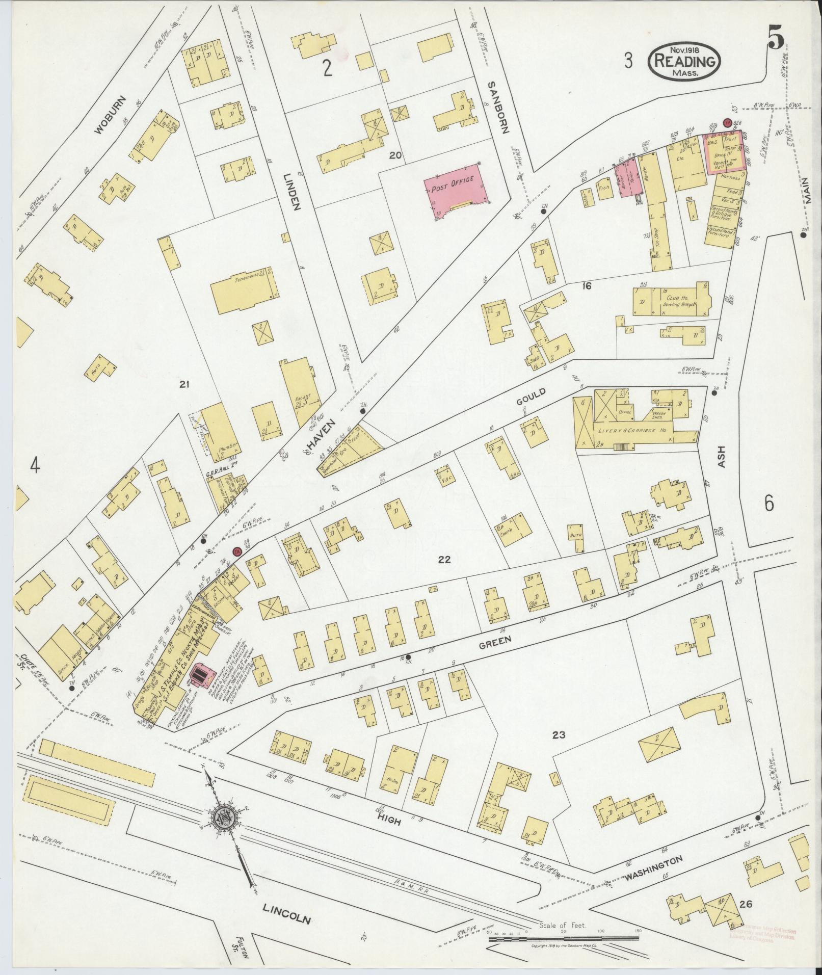 Sanborn Fire Insurance Map from Reading, Middlesex County, Massachusetts (1918), Sheet #0005 - Historic Sanborn Fire Insurance Map Print, vintage old map wall art, antique decor, genealogy gift, Massachusetts Massachusetts map