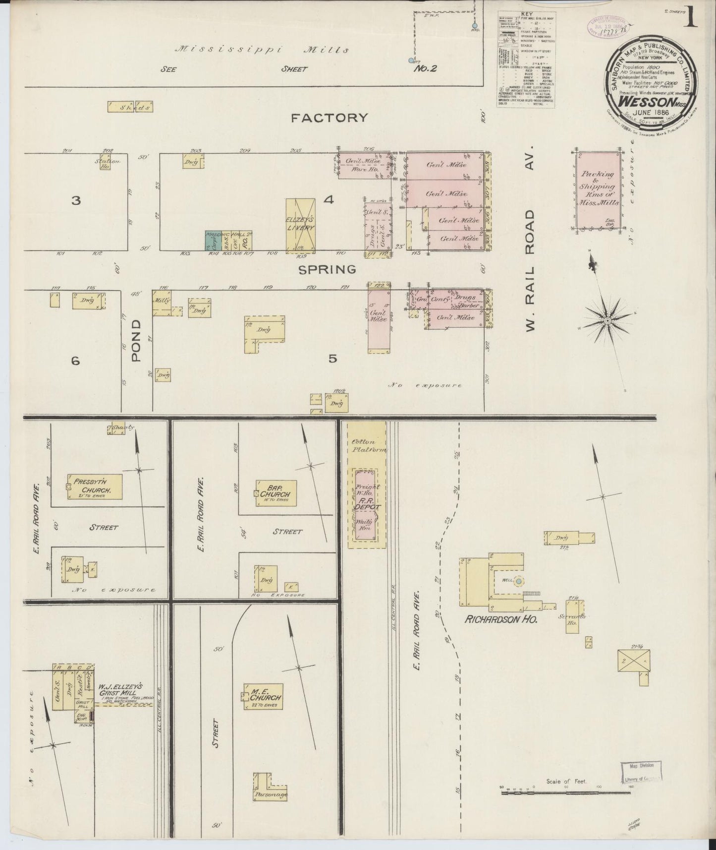Sanborn Fire Insurance Map from Wesson, Copiah County, Mississippi (1886), Sheet #0001 - Complete Map Set gallery image, historic Sanborn map, vintage wall art, Mississippi Mississippi