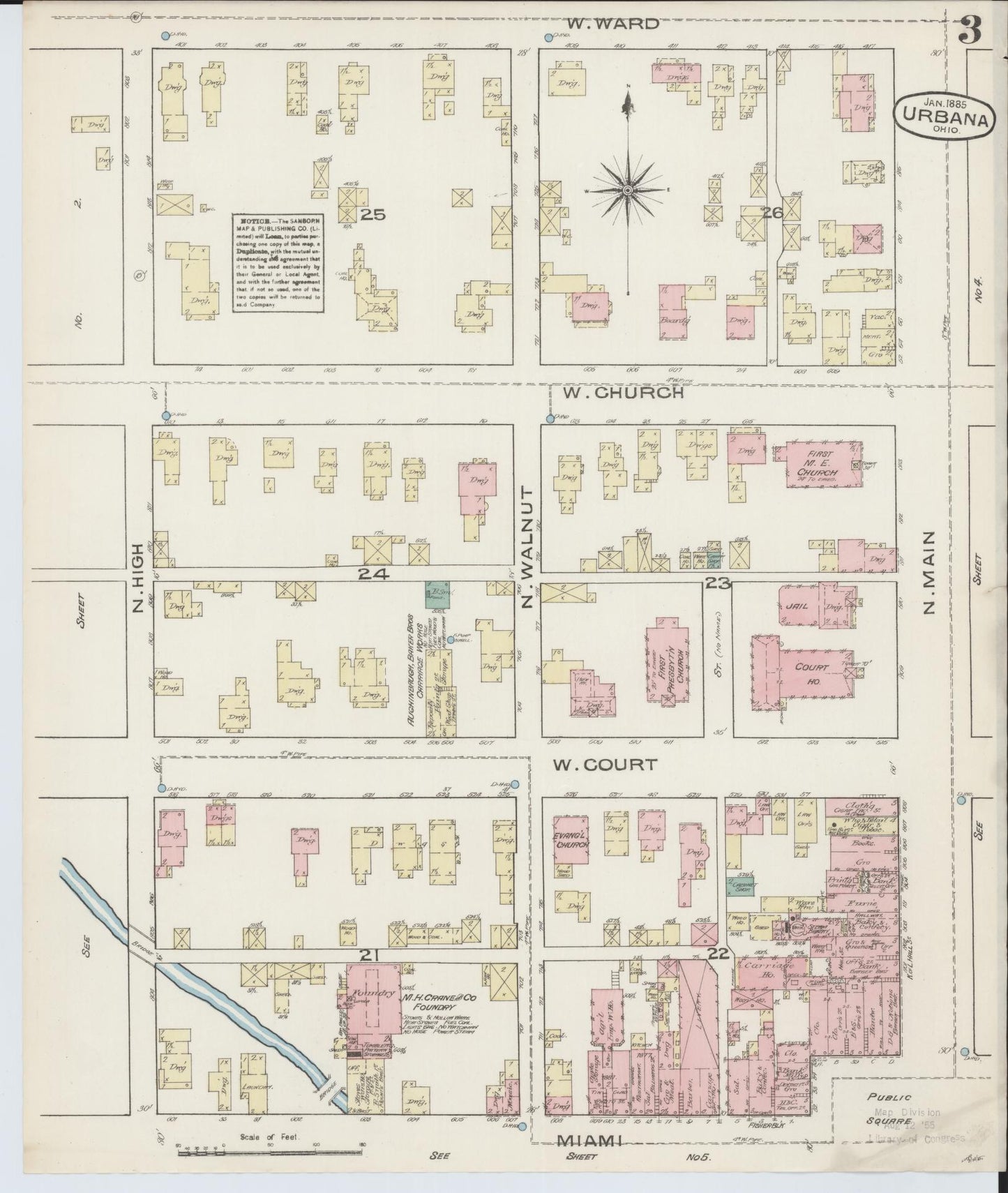 Sanborn Fire Insurance Map from Urbana, Champaign County, Ohio (1885), Sheet #0003 - Complete Map Set gallery image, historic Sanborn map, vintage wall art, Ohio Ohio
