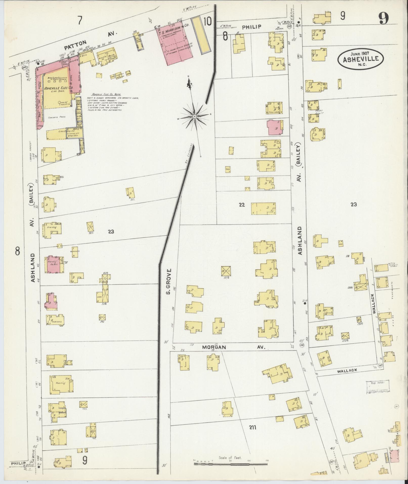 Sanborn Fire Insurance Map from Asheville, Buncombe County, North Carolina (1907), Sheet #0009 - Complete Map Set gallery image, historic Sanborn map, vintage wall art, North Carolina North Carolina