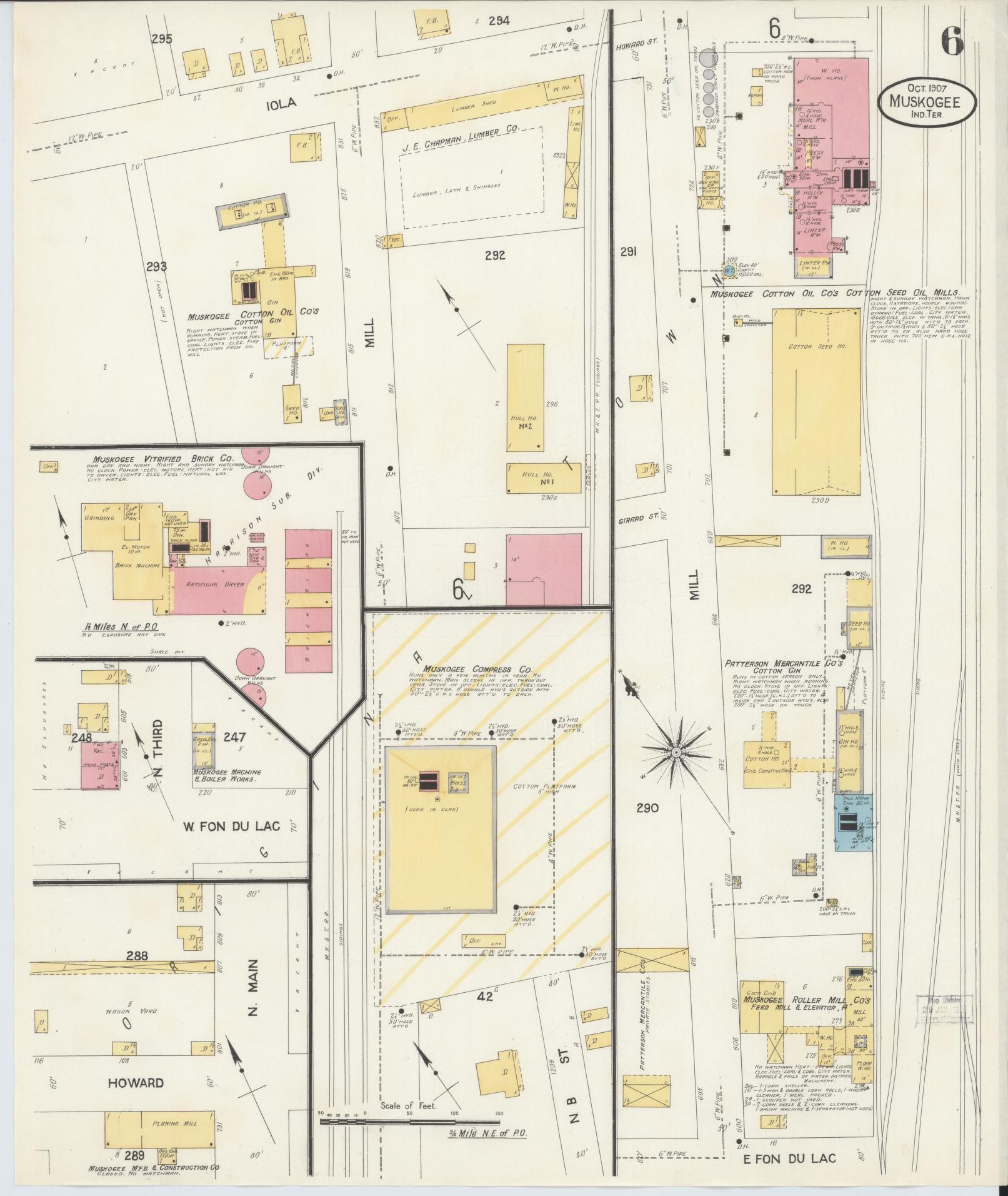 Sanborn Fire Insurance Map from Muskogee, Muskogee County, Oklahoma (1907), Sheet #0006 - Complete Map Set gallery image, historic Sanborn map, vintage wall art, Oklahoma Oklahoma