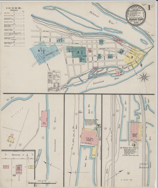 Sanborn Fire Insurance Map from Harpers Ferry, Jefferson County, West Virginia (1894), Sheet #0001 - Historic Sanborn Fire Insurance Map Print, vintage old map wall art, antique decor, genealogy gift, West Virginia West Virginia map