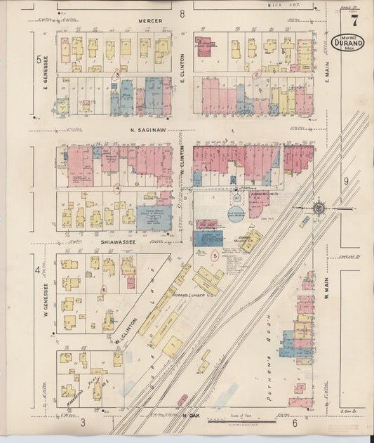 Sanborn Fire Insurance Map from Durand, Shiawassee County, Michigan (1944), Sheet #0007 - Historic Sanborn Fire Insurance Map Print, vintage old map wall art, antique decor, genealogy gift, Michigan Michigan map