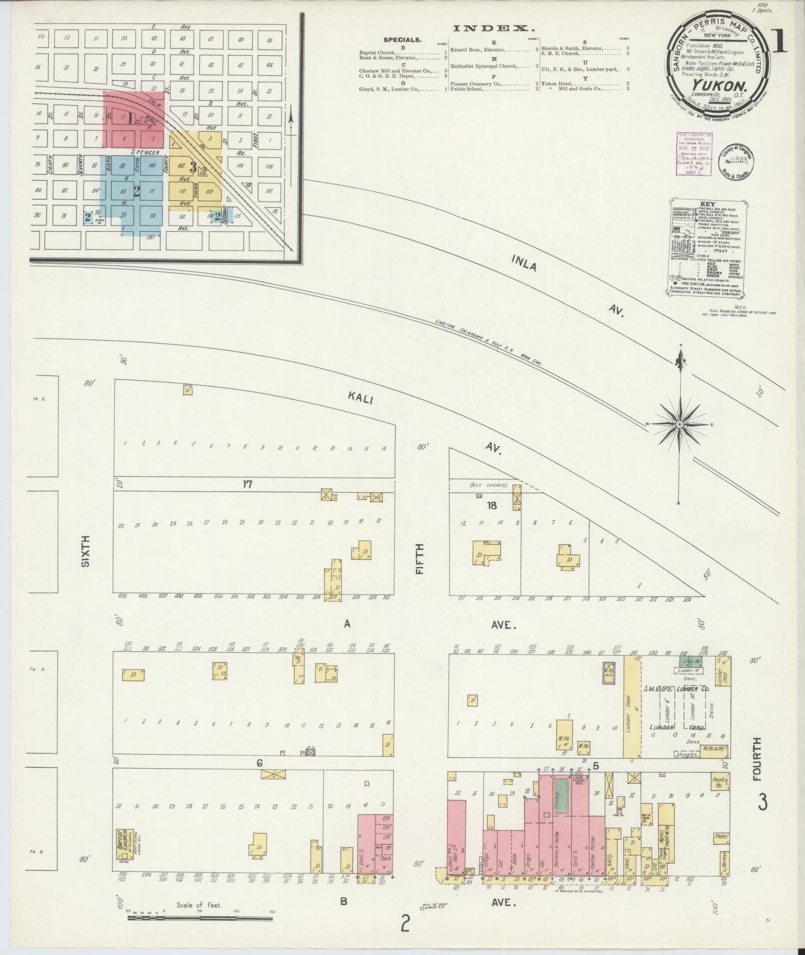 Sanborn Fire Insurance Map from Yukon, Canadian County, Oklahoma (1901), Sheet #0004 - Complete Map Set gallery image, historic Sanborn map, vintage wall art, Oklahoma Oklahoma