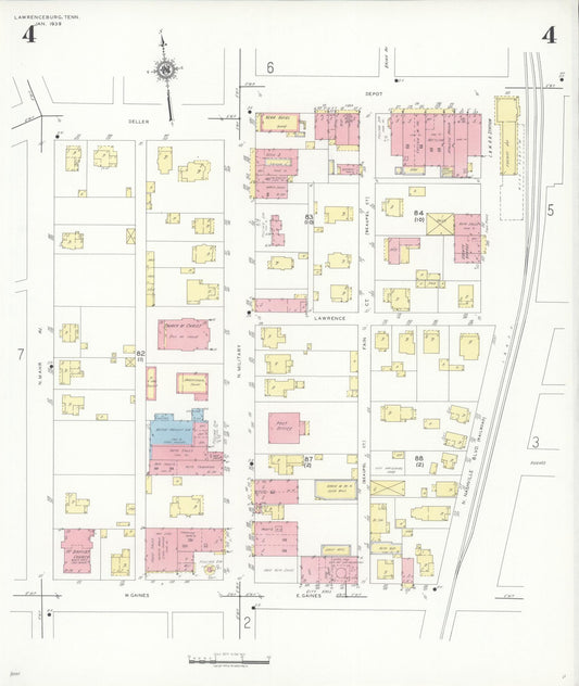 Sanborn Fire Insurance Map from Lawrenceburg, Lawrence County, Tennessee (1939), Sheet #0004 - Historic Sanborn Fire Insurance Map Print, vintage old map wall art, antique decor, genealogy gift, Tennessee Tennessee map