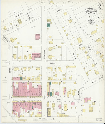 Sanborn Fire Insurance Map from Oakland City, Gibson County, Indiana (1907), Sheet #0003 - Complete Map Set gallery image, historic Sanborn map, vintage wall art, Indiana Indiana