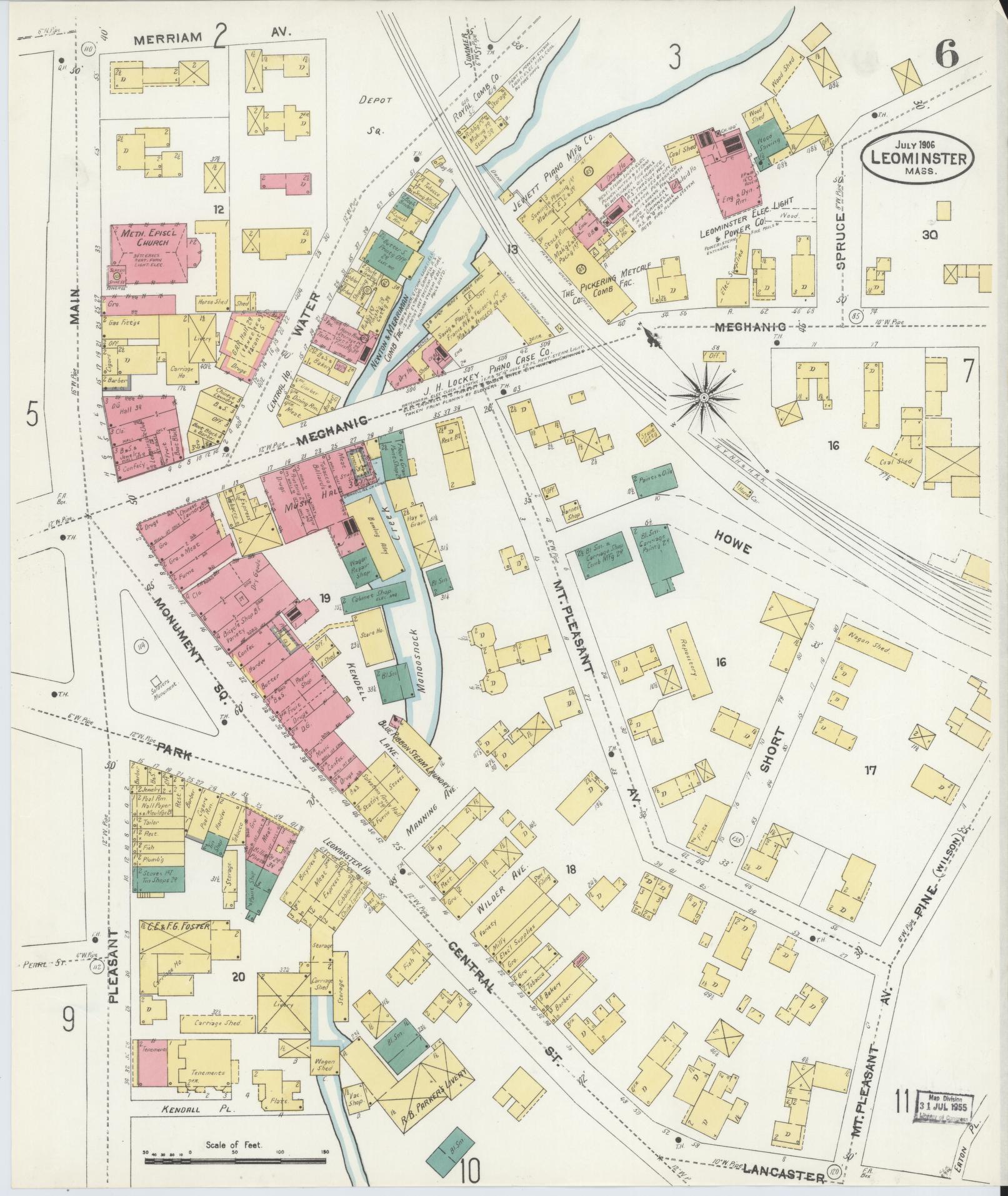 Sanborn Fire Insurance Map from Leominster, Worcester County, Massachusetts (1906), Sheet #0006 - Complete Map Set gallery image, historic Sanborn map, vintage wall art, Massachusetts Massachusetts