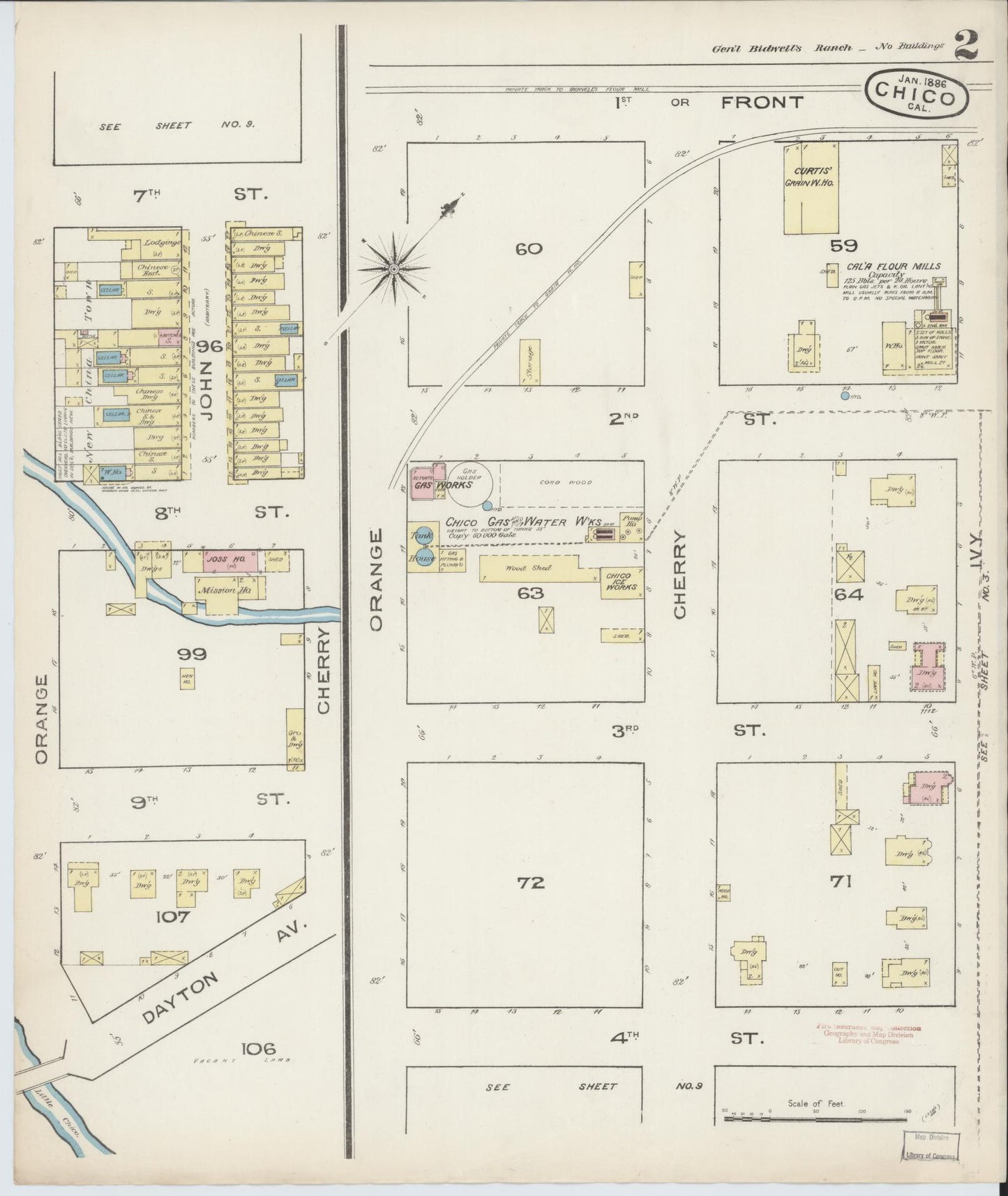 Sanborn Fire Insurance Map from Chico, Butte County, California (1886), Sheet #0002 - Complete Map Set gallery image, historic Sanborn map, vintage wall art, California California