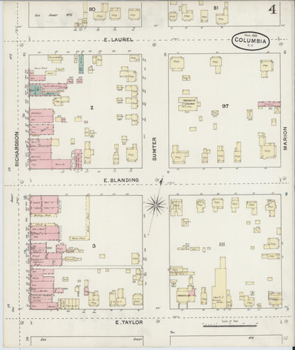 Sanborn Fire Insurance Map from Columbia, Richland County, South Carolina (1888), Sheet #0004 - Complete Map Set gallery image, historic Sanborn map, vintage wall art, South Carolina South Carolina