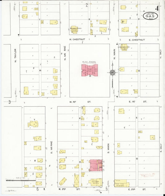 Sanborn Fire Insurance Map from Gas, Allen County, Kansas (1916), Sheet #0004 - Historic Sanborn Fire Insurance Map Print, vintage old map wall art, antique decor, genealogy gift, Kansas Kansas map