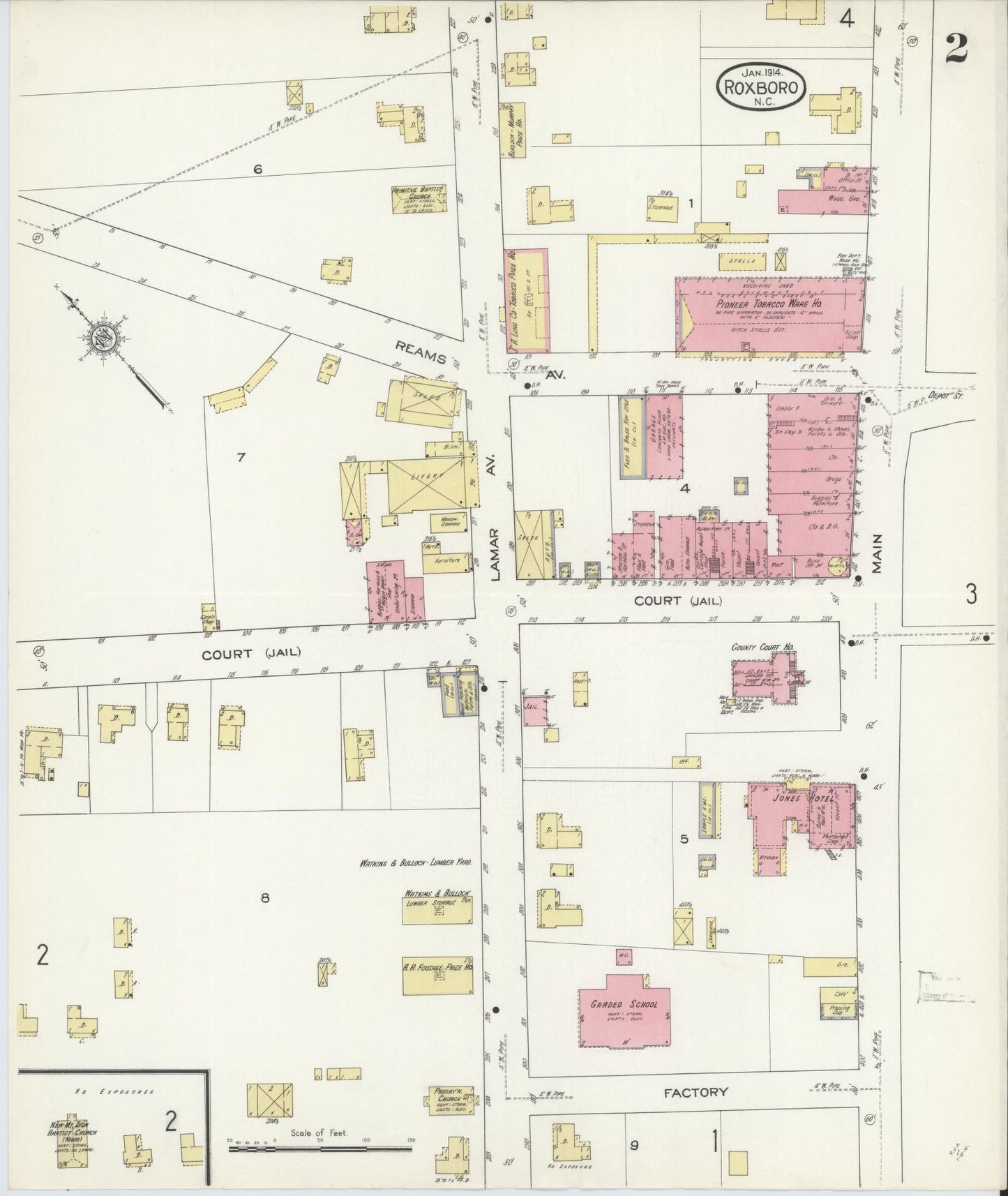 Sanborn Fire Insurance Map from Roxboro, Person County, North Carolina (1914), Sheet #0002 - Complete Map Set gallery image, historic Sanborn map, vintage wall art, North Carolina North Carolina