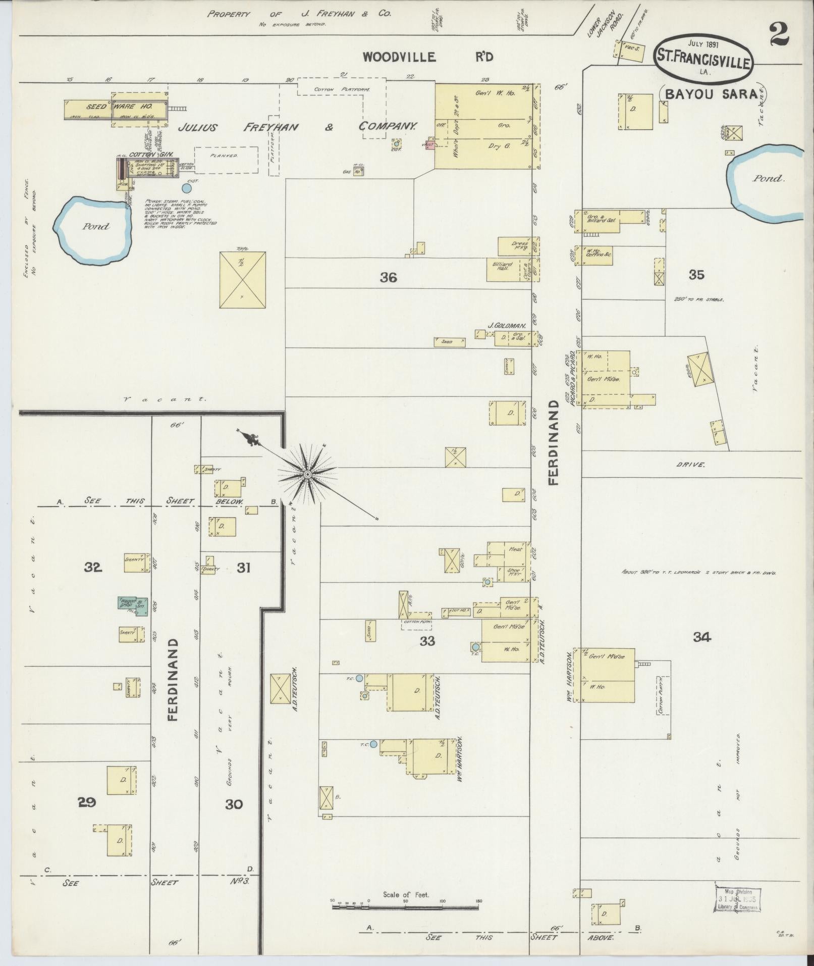 Sanborn Fire Insurance Map from Bayou Sara, West Feliciana Parish, Louisiana (1891), Sheet #0002 - Historic Sanborn Fire Insurance Map Print, vintage old map wall art, antique decor, genealogy gift, Louisiana Louisiana map