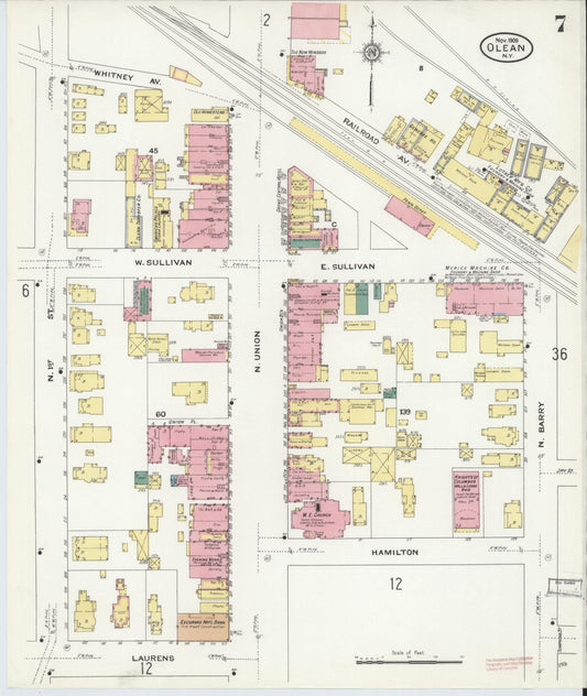 Sanborn Fire Insurance Map from Olean, Cattaraugus County, New York (1909), Sheet #0007 - Historic Sanborn Fire Insurance Map Print, vintage old map wall art, antique decor, genealogy gift, New York New York map