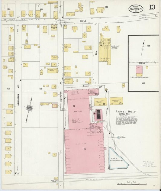 Sanborn Fire Insurance Map from Warren, Bristol County, Rhode Island (1911), Sheet #0013 - Historic Sanborn Fire Insurance Map Print, vintage old map wall art, antique decor, genealogy gift, Rhode Island Rhode Island map