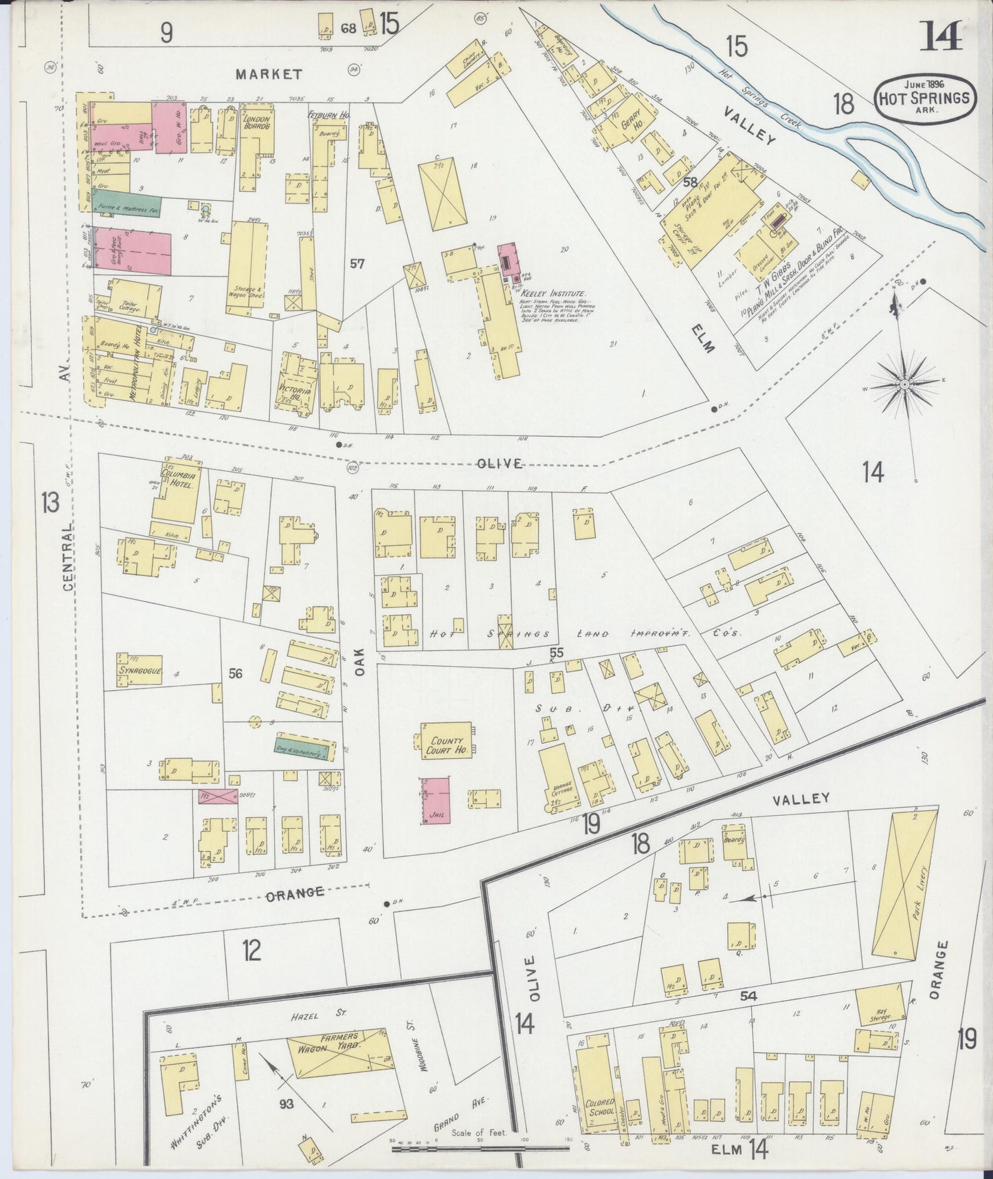 Sanborn Fire Insurance Map from Hot Springs, Garland County, Arkansas (1896), Sheet #0014 - Complete Map Set gallery image, historic Sanborn map, vintage wall art, Arkansas Arkansas