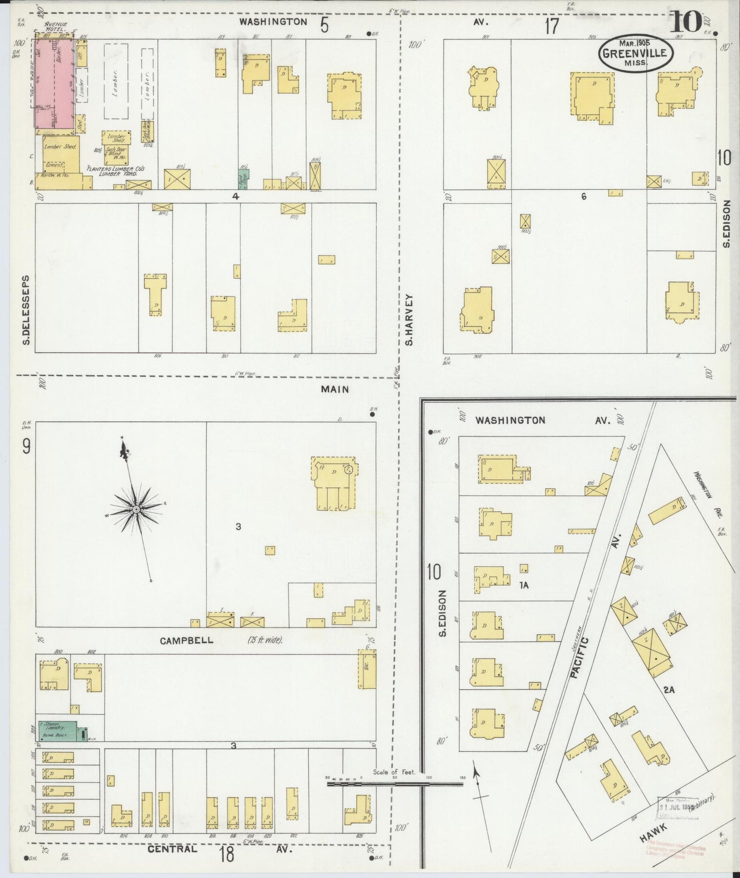 Sanborn Fire Insurance Map from Greenville, Washington County, Mississippi (1905), Sheet #0010 - Complete Map Set gallery image, historic Sanborn map, vintage wall art, Mississippi Mississippi