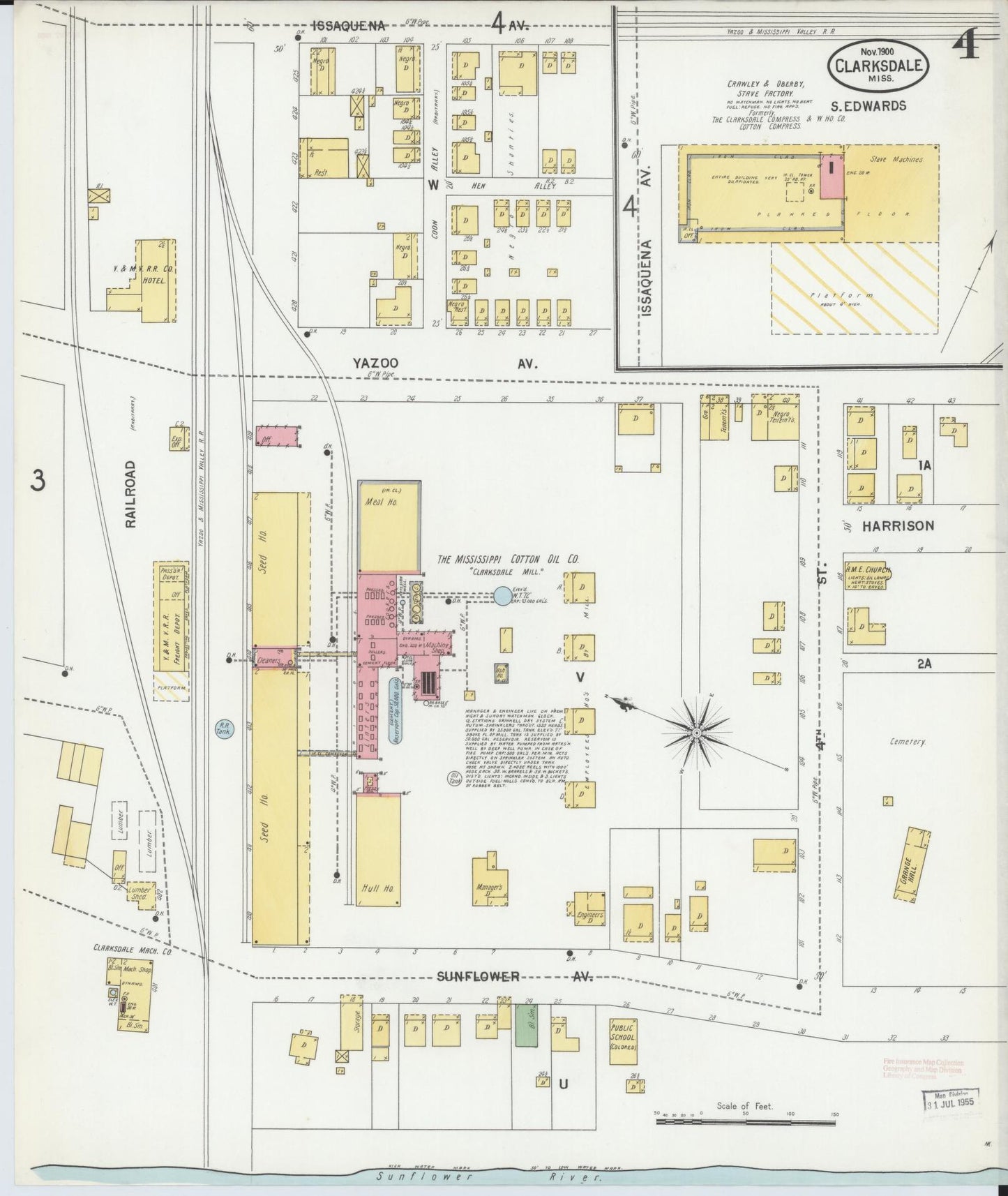 Sanborn Fire Insurance Map from Clarksdale, Coahoma County, Mississippi (1900), Sheet #0004 - Historic Sanborn Fire Insurance Map Print, vintage old map wall art, antique decor, genealogy gift, Mississippi Mississippi map