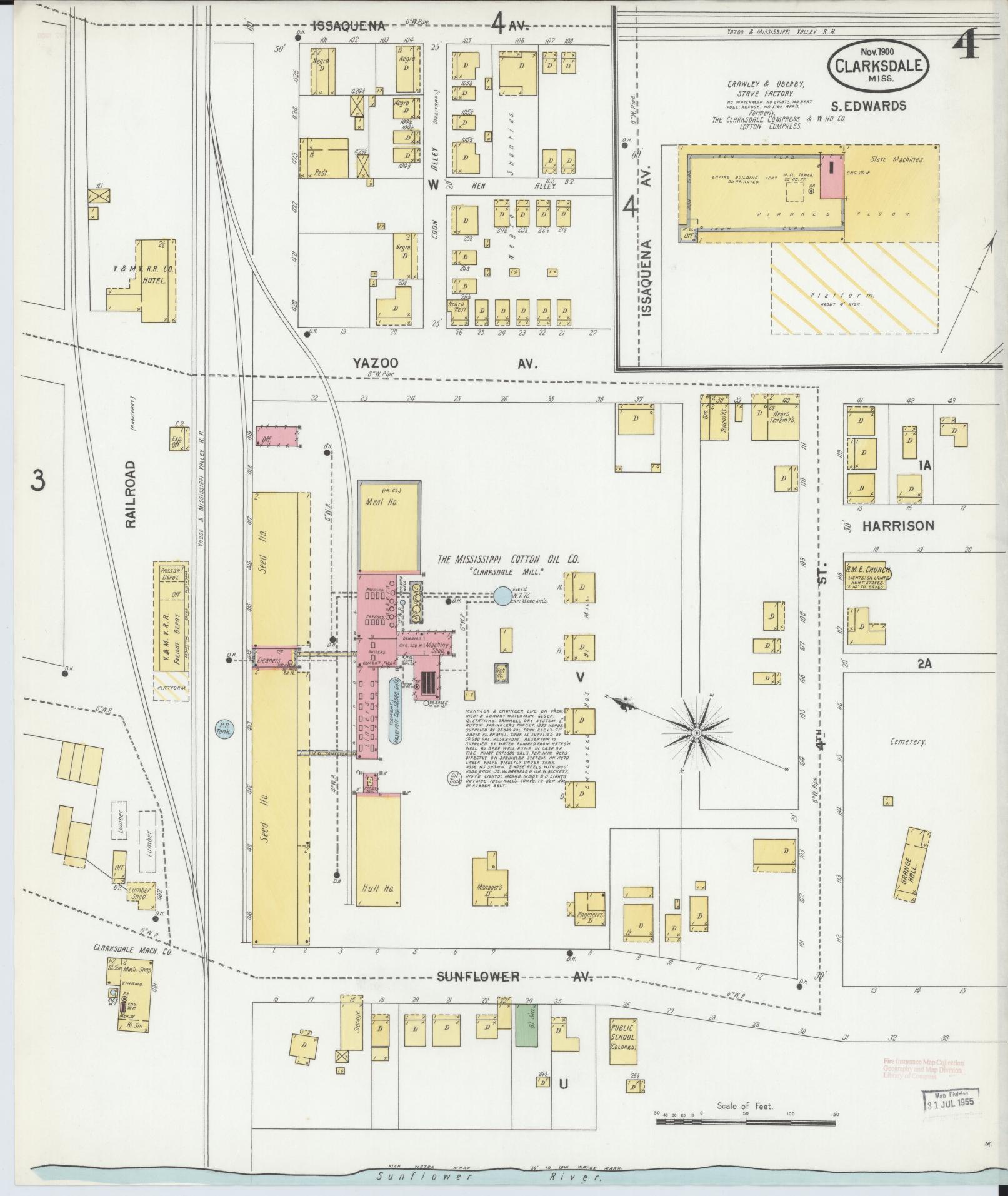 Sanborn Fire Insurance Map from Clarksdale, Coahoma County, Mississippi (1900), Sheet #0004 - Historic Sanborn Fire Insurance Map Print, vintage old map wall art, antique decor, genealogy gift, Mississippi Mississippi map