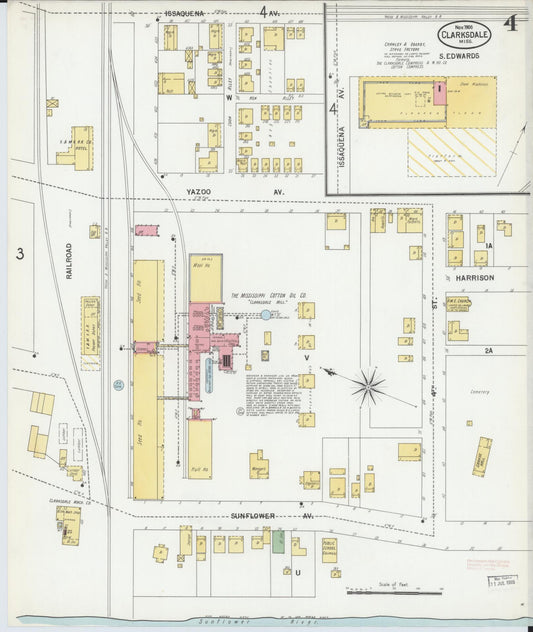 Sanborn Fire Insurance Map from Clarksdale, Coahoma County, Mississippi (1900), Sheet #0004 - Historic Sanborn Fire Insurance Map Print, vintage old map wall art, antique decor, genealogy gift, Mississippi Mississippi map