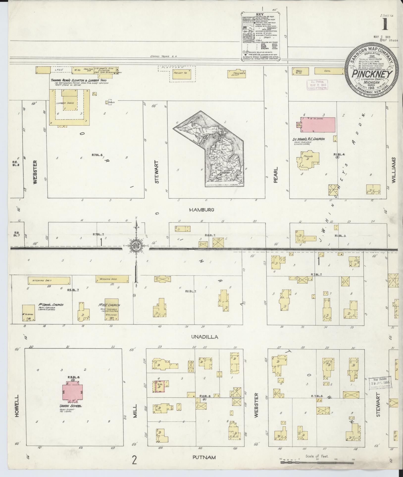 Sanborn Fire Insurance Map from Pinckney, Livingston County, Michigan (1913), Sheet #0001 - Historic Sanborn Fire Insurance Map Print, vintage old map wall art, antique decor, genealogy gift, Michigan Michigan map