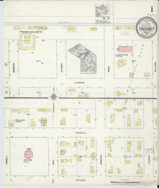 Sanborn Fire Insurance Map from Pinckney, Livingston County, Michigan (1913), Sheet #0001 - Historic Sanborn Fire Insurance Map Print, vintage old map wall art, antique decor, genealogy gift, Michigan Michigan map