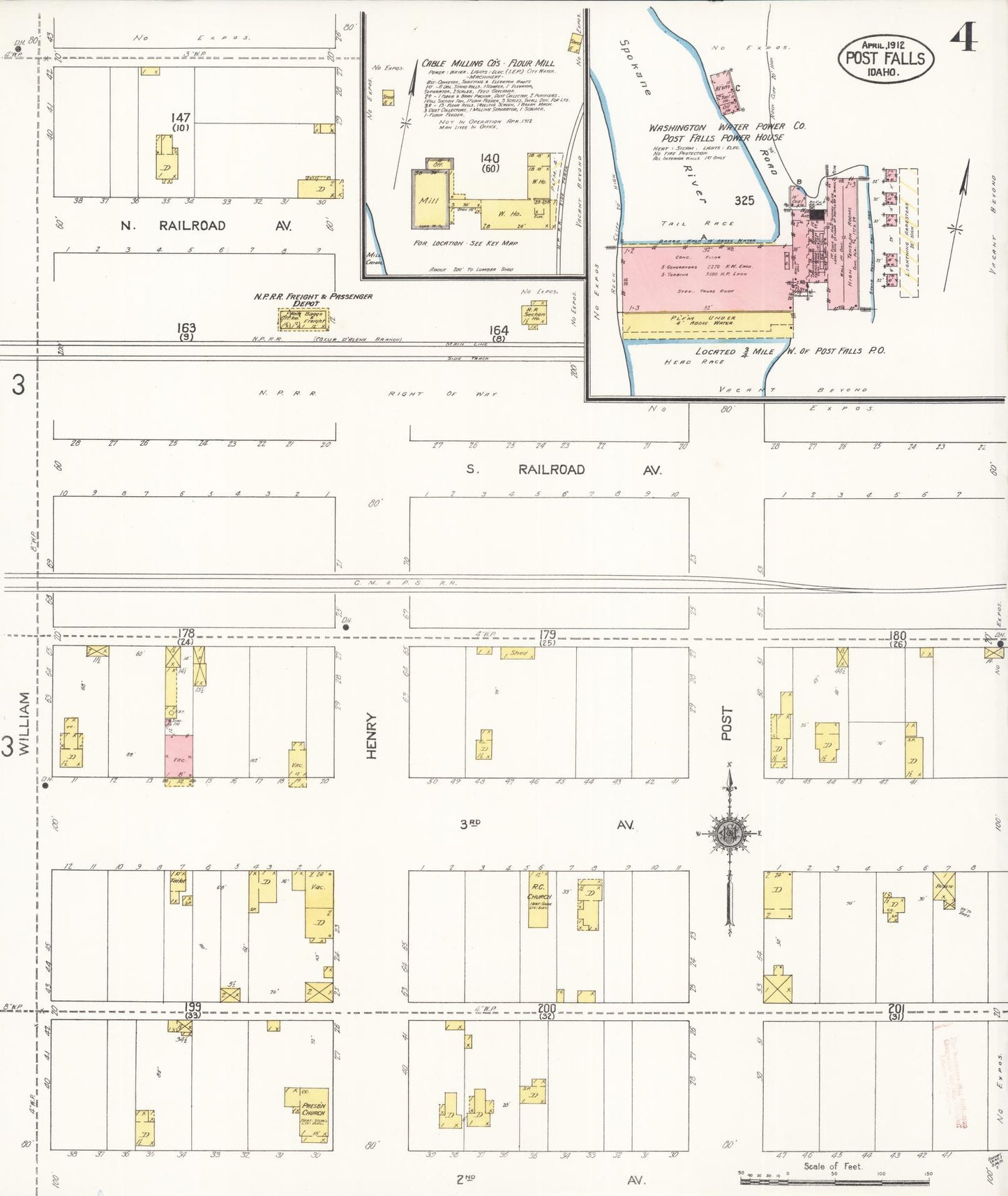 Sanborn Fire Insurance Map from Post Falls, Kootenai County, Idaho (1912), Sheet #0004 - Historic Sanborn Fire Insurance Map Print, vintage old map wall art, antique decor, genealogy gift, Idaho Idaho map