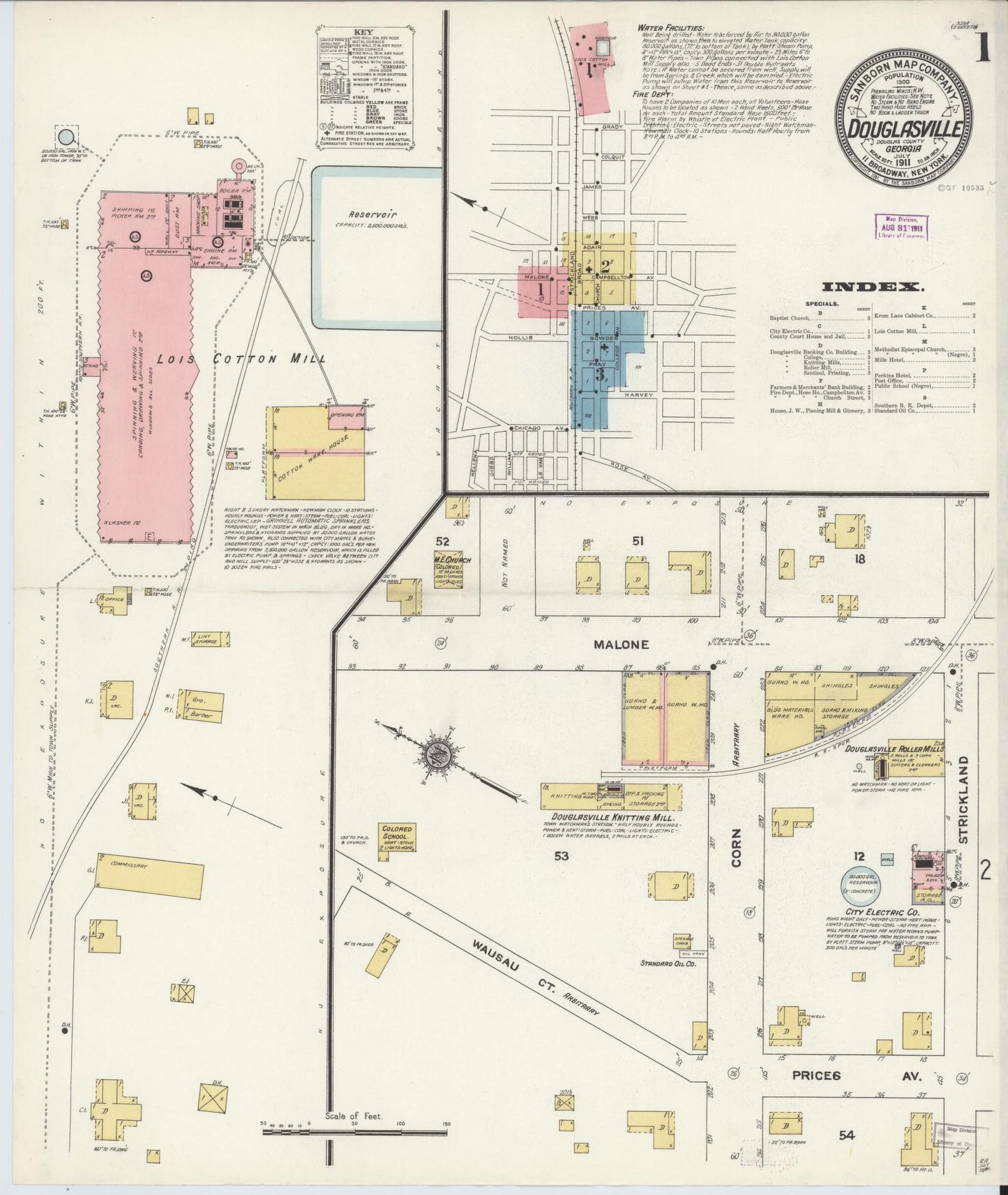 Sanborn Fire Insurance Map from Douglasville, Douglas County, Georgia (1911), Sheet #0001 - Historic Sanborn Fire Insurance Map Print, vintage old map wall art, antique decor, genealogy gift, Georgia Georgia map