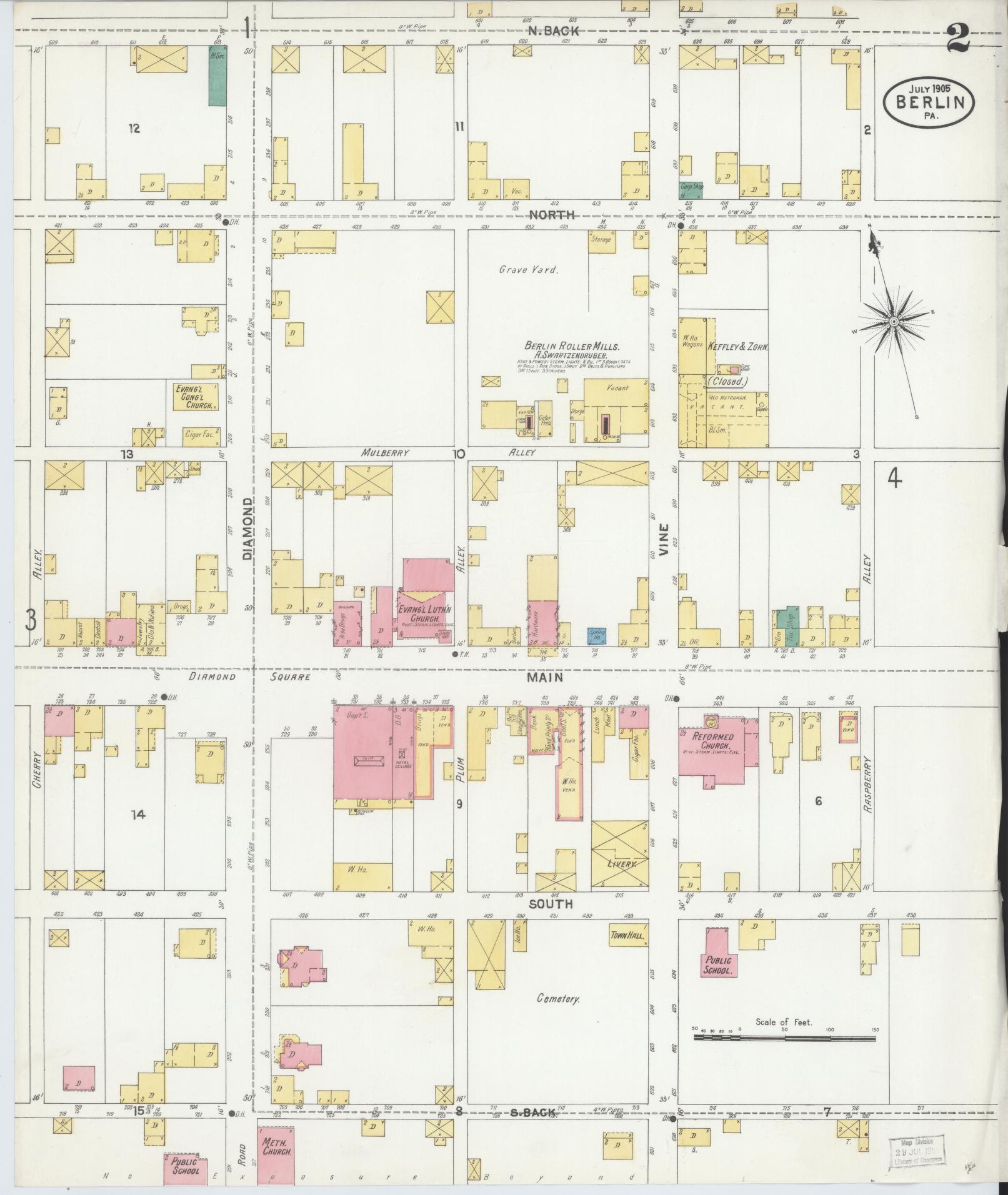 Sanborn Fire Insurance Map from Berlin, Somerset County, Pennsylvania (1905), Sheet #0002 - Complete Map Set gallery image, historic Sanborn map, vintage wall art, Pennsylvania Pennsylvania