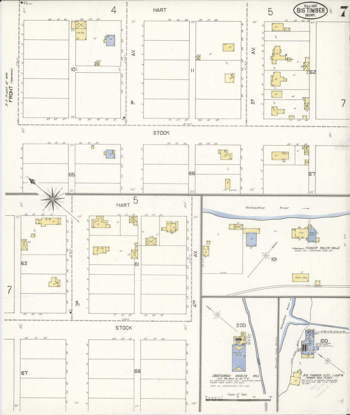 Sanborn Fire Insurance Map from Big Timber, Sweet Grass County, Montana (1907), Sheet #0007 - Historic Sanborn Fire Insurance Map Print, vintage old map wall art, antique decor, genealogy gift, Montana Montana map