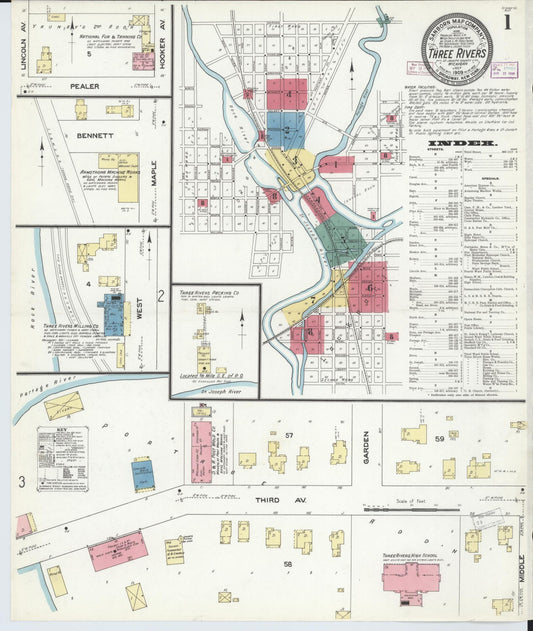 Sanborn Fire Insurance Map from Three Rivers, Saint Joseph County, Michigan (1909), Sheet #0001 - Complete Map Set gallery image, historic Sanborn map, vintage wall art, Michigan Michigan