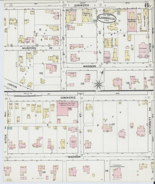 Sanborn Fire Insurance Map from Clarksville, Montgomery County, Tennessee (1889), Sheet #0008 - Historic Sanborn Fire Insurance Map Print, vintage old map wall art, antique decor, genealogy gift, Tennessee Tennessee map