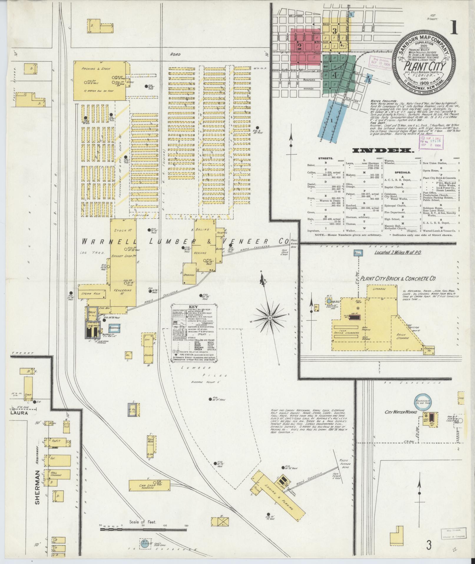 Sanborn Fire Insurance Map from Plant City, Hillborough County, Florida (1909), Sheet #0001 - Complete Map Set gallery image, historic Sanborn map, vintage wall art, Florida Florida