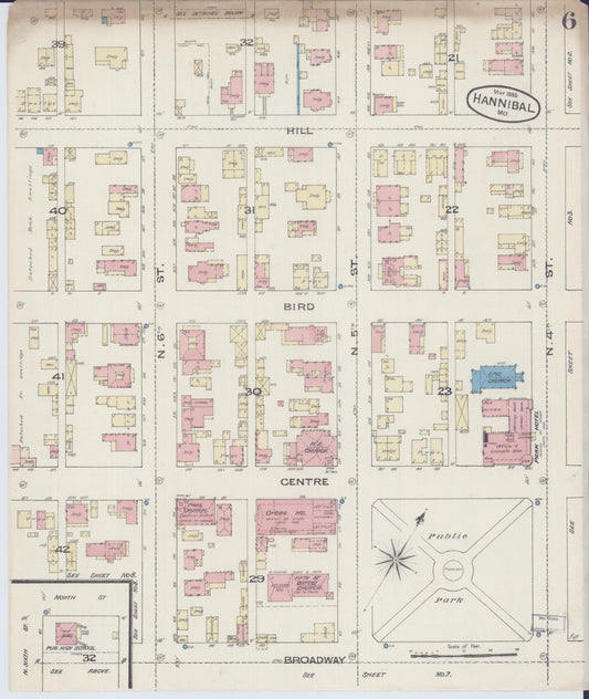 Sanborn Fire Insurance Map from Hannibal, Marion County, Missouri (1885), Sheet #0006 - Historic Sanborn Fire Insurance Map Print, vintage old map wall art, antique decor, genealogy gift, Missouri Missouri map