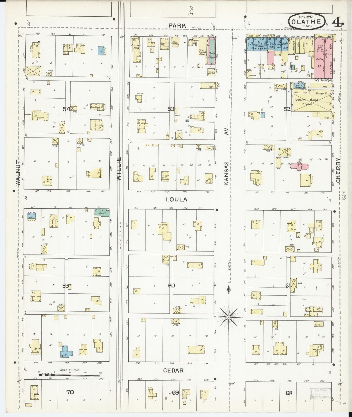 Sanborn Fire Insurance Map from Olathe, Johnson County, Kansas (1892), Sheet #0004 - Complete Map Set gallery image, historic Sanborn map, vintage wall art, Kansas Kansas