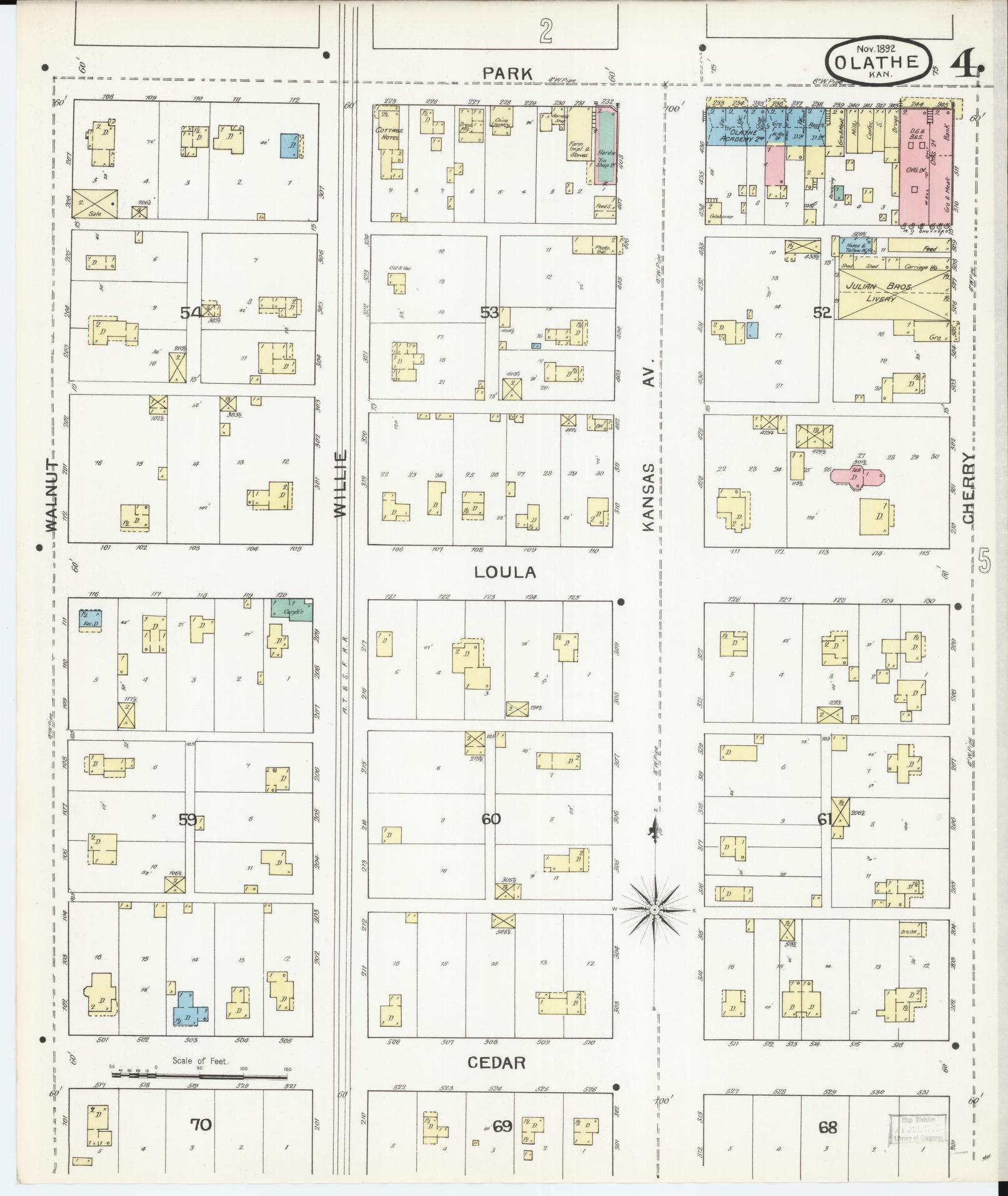 Sanborn Fire Insurance Map from Olathe, Johnson County, Kansas (1892), Sheet #0004 - Complete Map Set gallery image, historic Sanborn map, vintage wall art, Kansas Kansas