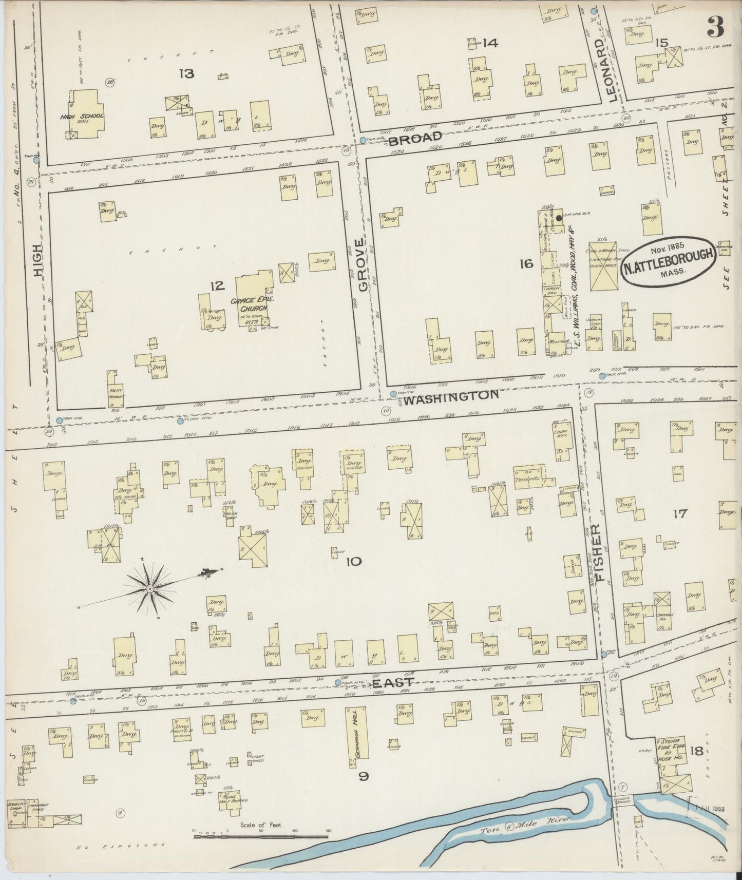 Sanborn Fire Insurance Map from North Attleborough, Bristol County, Massachusetts (1885), Sheet #0003 - Historic Sanborn Fire Insurance Map Print, vintage old map wall art, antique decor, genealogy gift, Massachusetts Massachusetts map