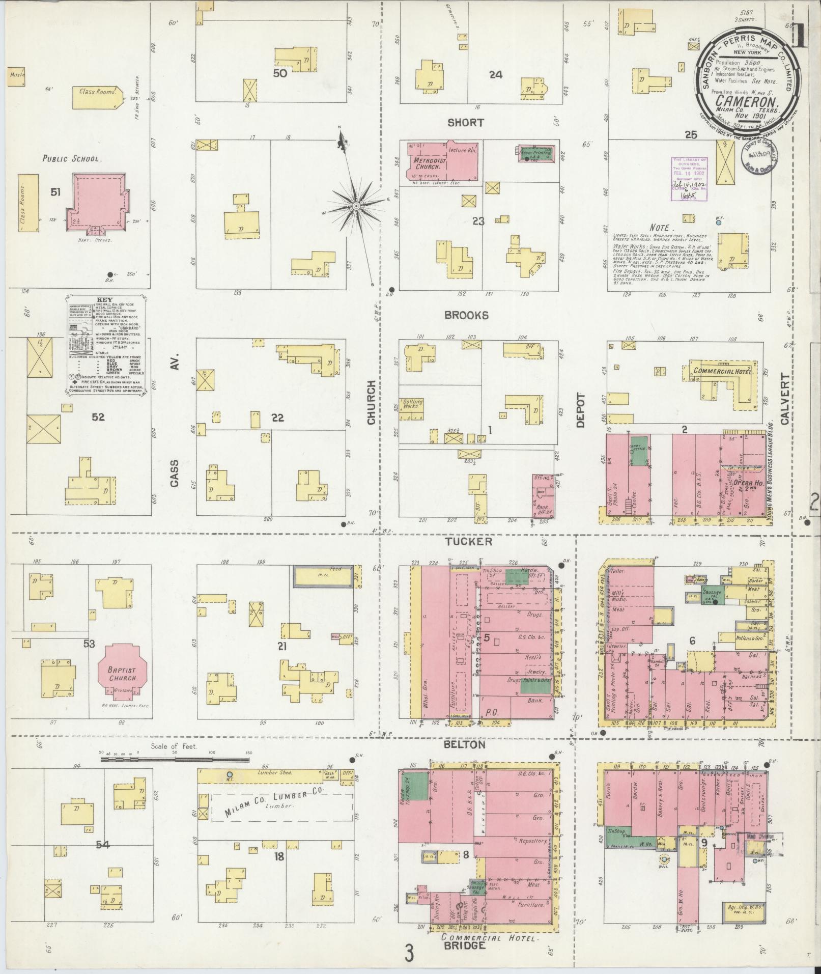 Sanborn Fire Insurance Map from Cameron, Milam County, Texas (1901), Sheet #0001 - Historic Sanborn Fire Insurance Map Print, vintage old map wall art, antique decor, genealogy gift, Texas Texas map