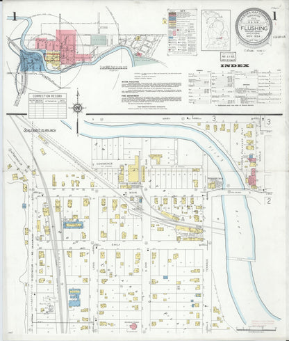 Sanborn Fire Insurance Map from Flushing, Genesee County, Michigan (1934), Sheet #0001 - Complete Map Set gallery image, historic Sanborn map, vintage wall art, Michigan Michigan