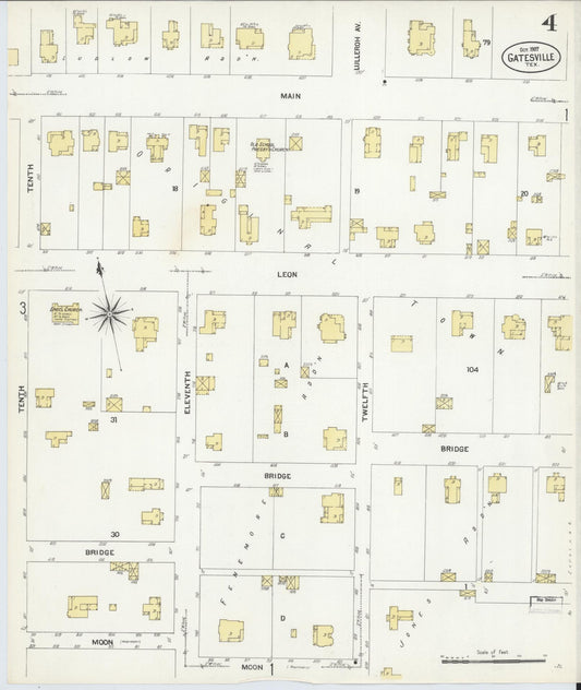 Sanborn Fire Insurance Map from Gatesville, Coryell County, Texas (1907), Sheet #0004 - Historic Sanborn Fire Insurance Map Print, vintage old map wall art, antique decor, genealogy gift, Texas Texas map