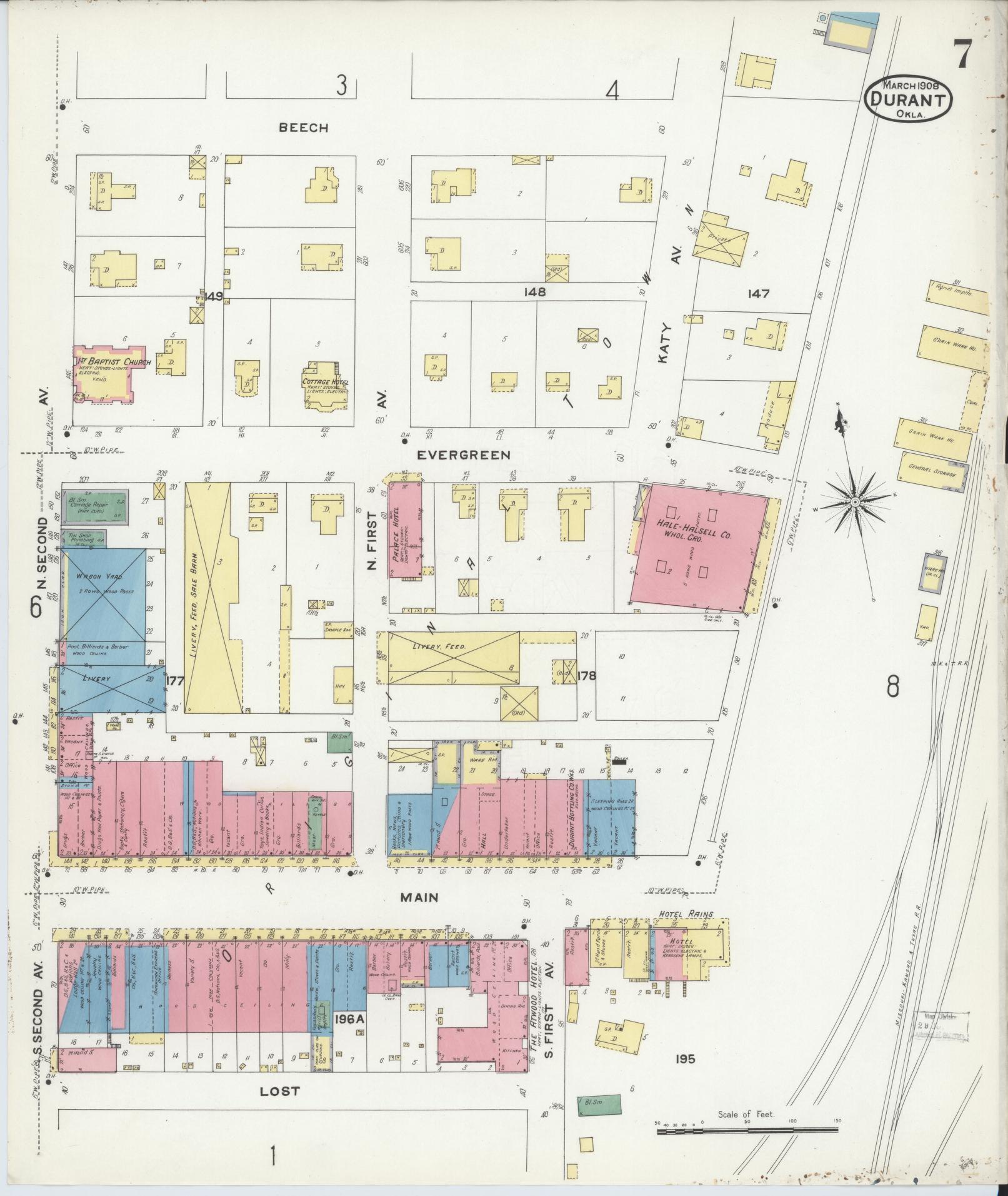 Sanborn Fire Insurance Map from Durant, Bryan County, Oklahoma (1908), Sheet #0007 - Complete Map Set gallery image, historic Sanborn map, vintage wall art, Oklahoma Oklahoma