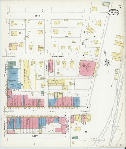 Sanborn Fire Insurance Map from Durant, Bryan County, Oklahoma (1908), Sheet #0007 - Complete Map Set gallery image, historic Sanborn map, vintage wall art, Oklahoma Oklahoma