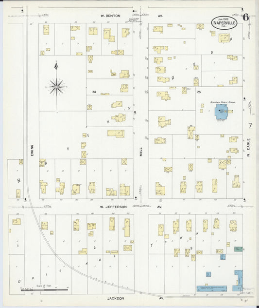Sanborn Fire Insurance Map from Naperville, Du Page County, Illinois (1909), Sheet #0006 - Historic Sanborn Fire Insurance Map Print, vintage old map wall art, antique decor, genealogy gift, Illinois Illinois map