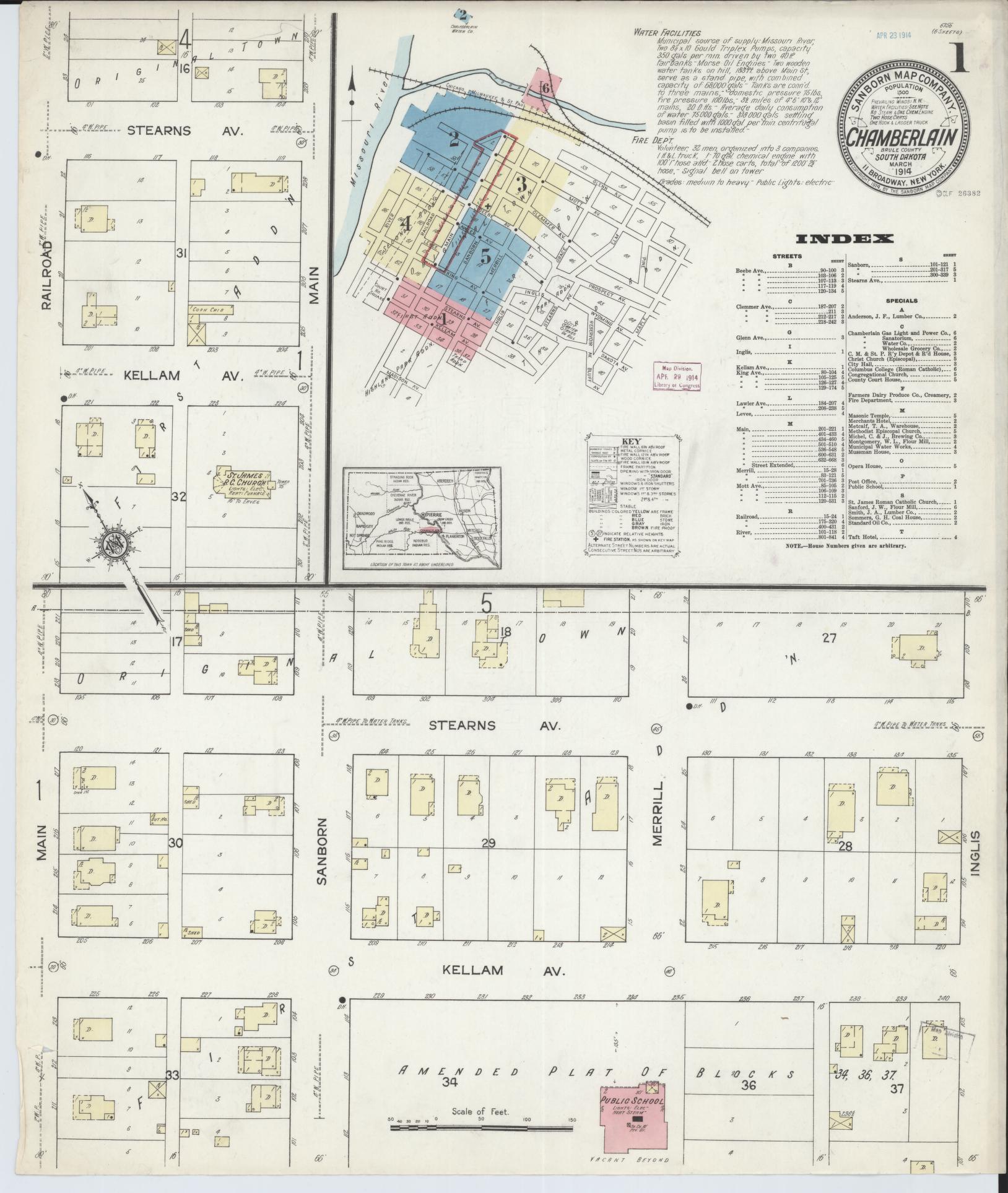 Sanborn Fire Insurance Map from Chamberlain, Brule County, South Dakota (1914), Sheet #0001 - Historic Sanborn Fire Insurance Map Print, vintage old map wall art, antique decor, genealogy gift, South Dakota South Dakota map