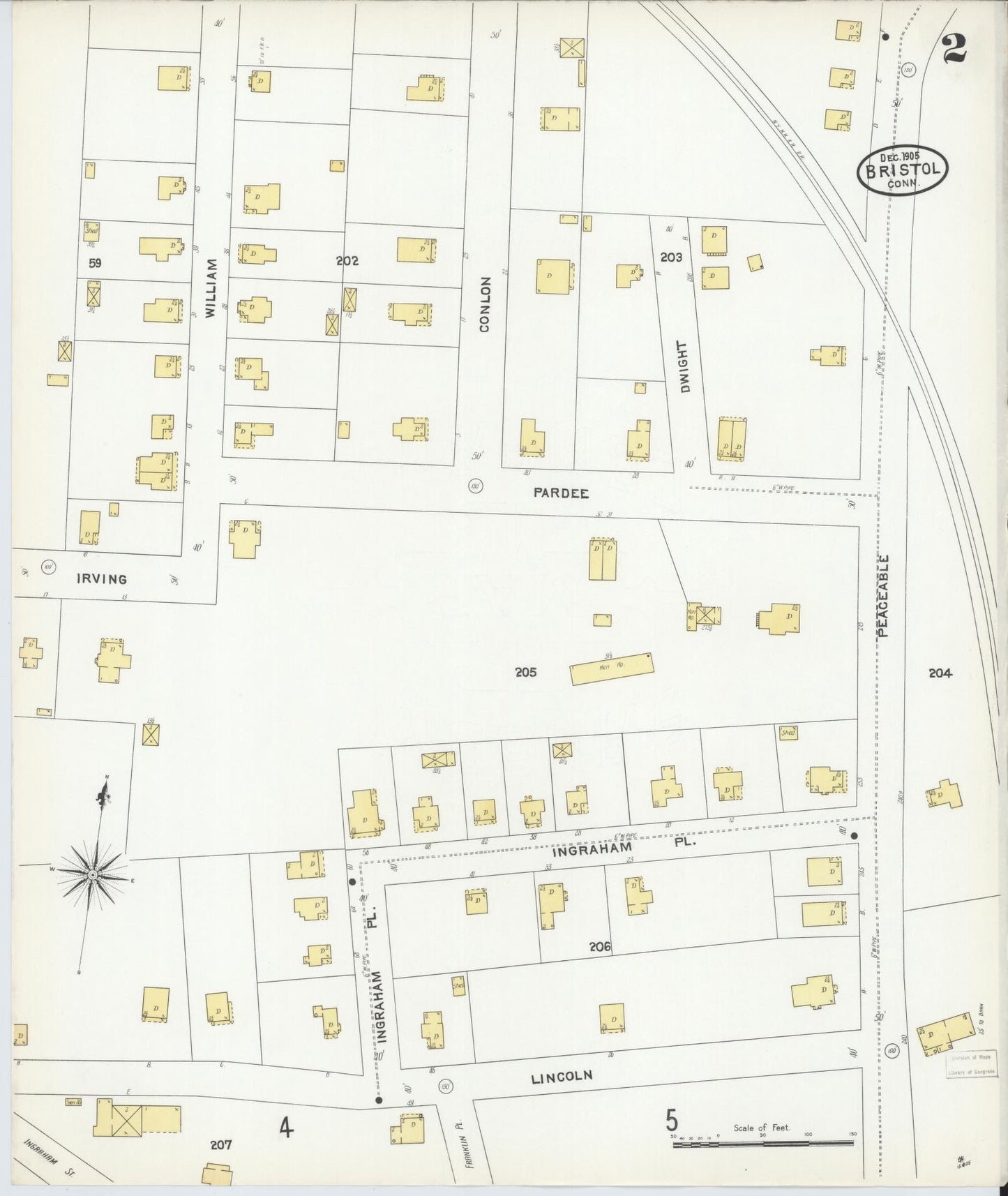 Sanborn Fire Insurance Map from Bristol, Hartford County, Connecticut (1905), Sheet #0002 - Historic Sanborn Fire Insurance Map Print, vintage old map wall art, antique decor, genealogy gift, Connecticut Connecticut map