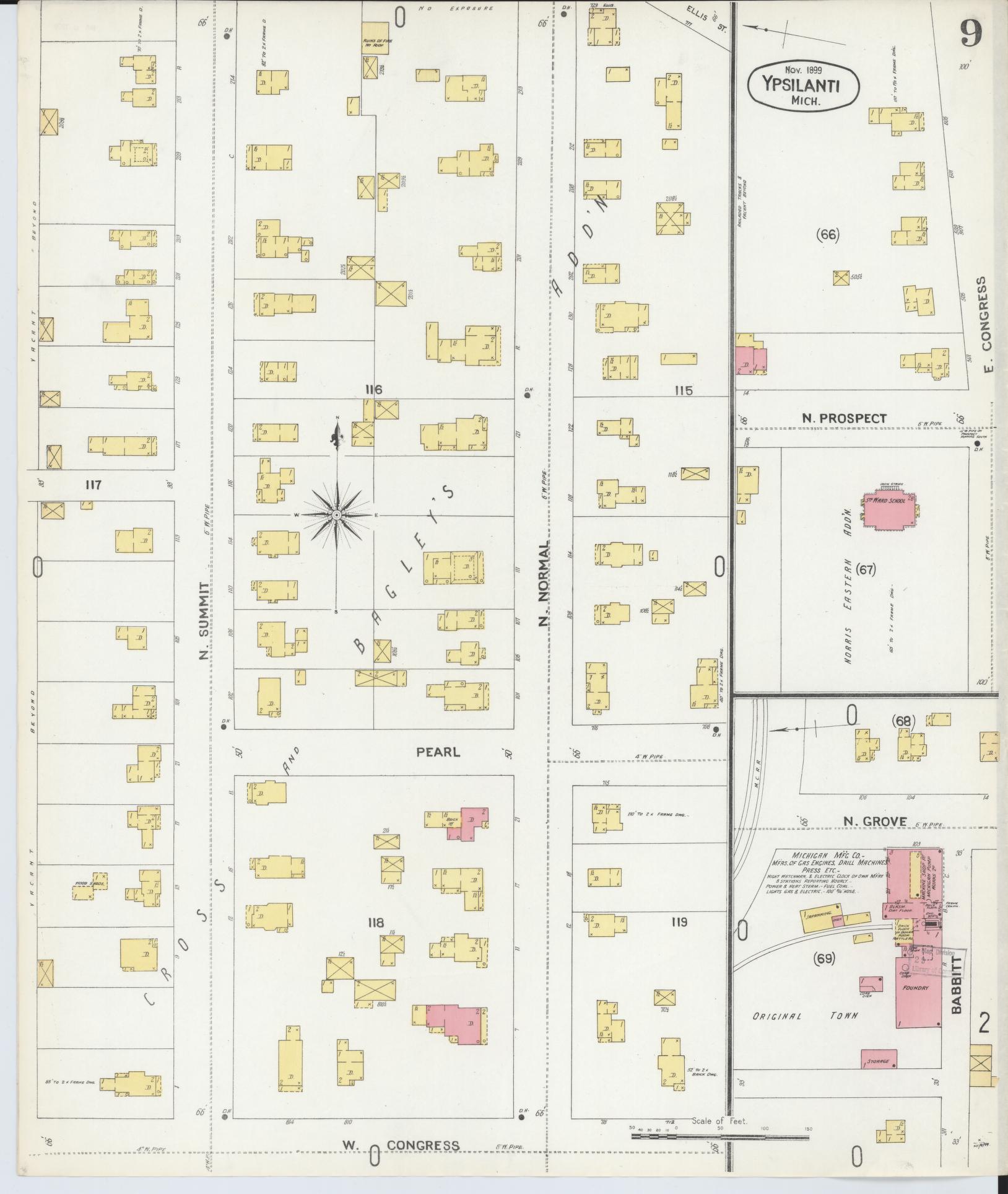 Sanborn Fire Insurance Map from Ypsilanti, Washtenaw County, Michigan (1899), Sheet #0009 - Complete Map Set gallery image, historic Sanborn map, vintage wall art, Michigan Michigan