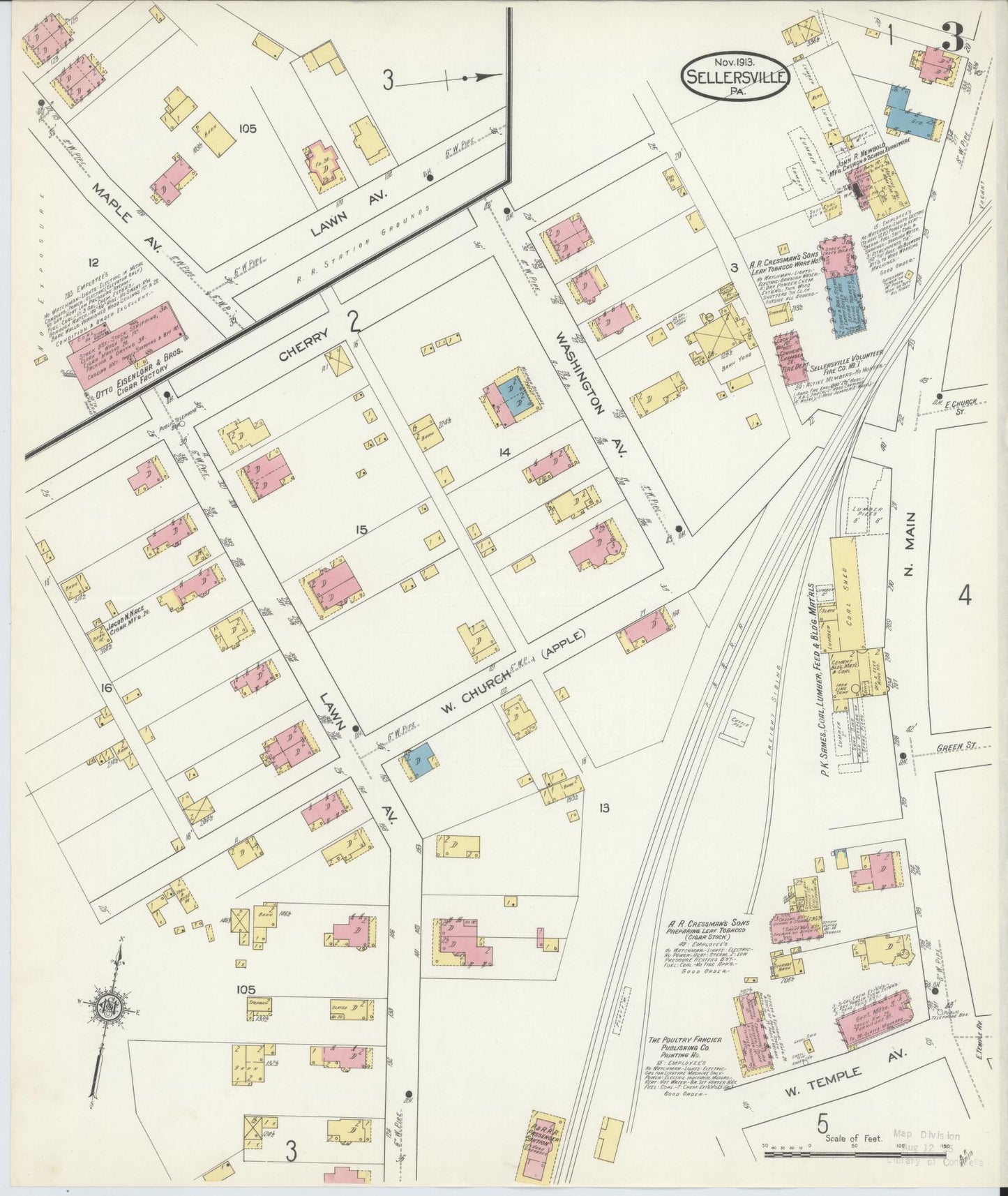Sanborn Fire Insurance Map from Sellersville, Bucks County, Pennsylvania (1913), Sheet #0003 - Complete Map Set gallery image, historic Sanborn map, vintage wall art, Pennsylvania Pennsylvania