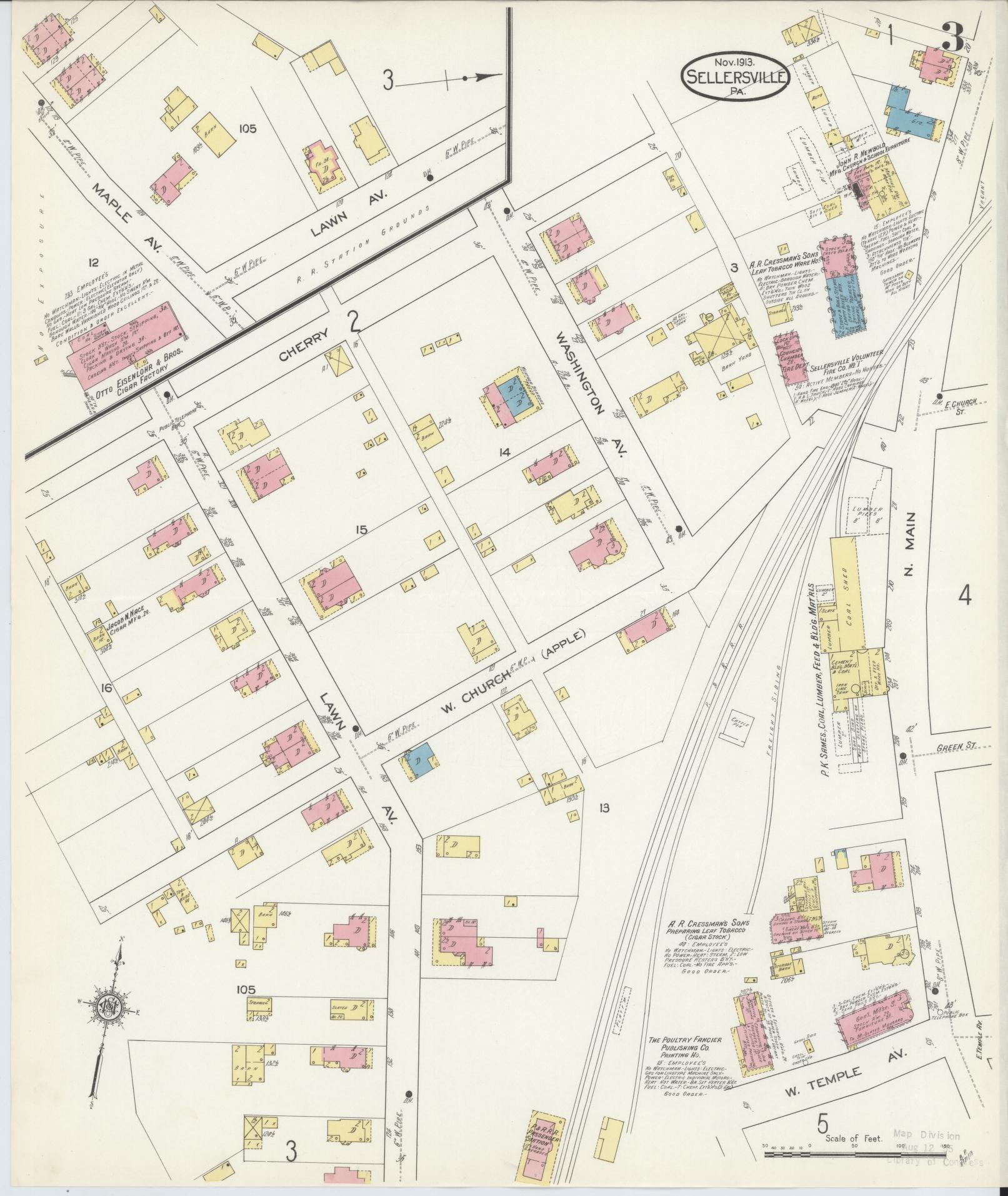 Sanborn Fire Insurance Map from Sellersville, Bucks County, Pennsylvania (1913), Sheet #0003 - Complete Map Set gallery image, historic Sanborn map, vintage wall art, Pennsylvania Pennsylvania