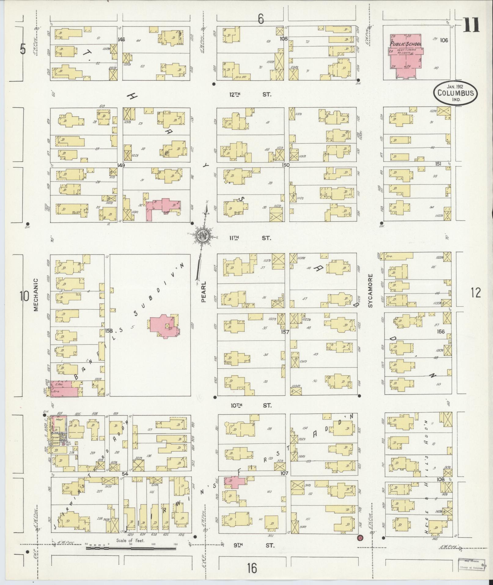 Sanborn Fire Insurance Map from Columbus, Bartholomew County, Indiana (1912), Sheet #0011 - Historic Sanborn Fire Insurance Map Print, vintage old map wall art, antique decor, genealogy gift, Indiana Indiana map