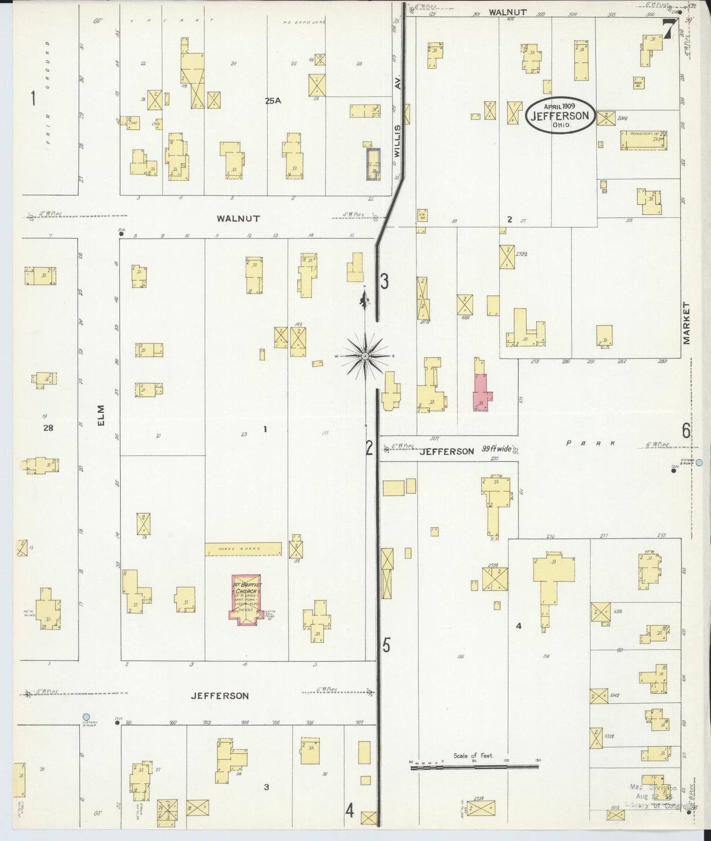 Sanborn Fire Insurance Map from Jefferson, Ashtabula County, Ohio (1909), Sheet #0007 - Historic Sanborn Fire Insurance Map Print, vintage old map wall art, antique decor, genealogy gift, Ohio Ohio map